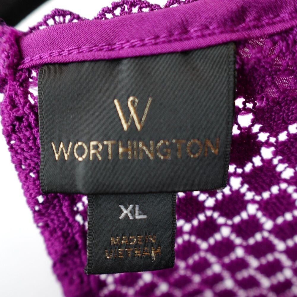 Worthington Sleeveless Blouse Top Womens XL Purple Colorblock Crochet Mardi Gras - Picture 4 of 7